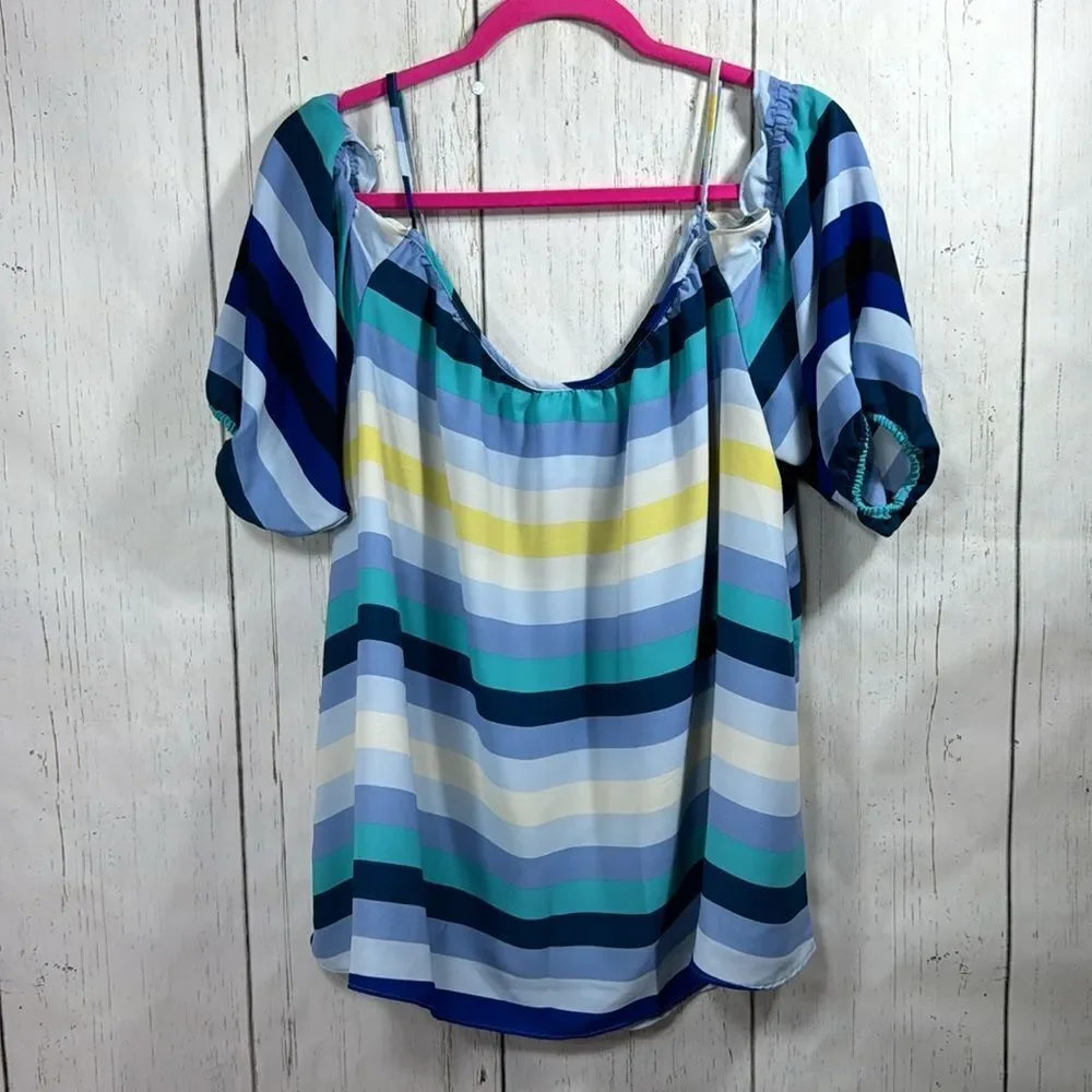 New York & Company Stripes Off The Shoulder Blue Coastal Nautical Blouse